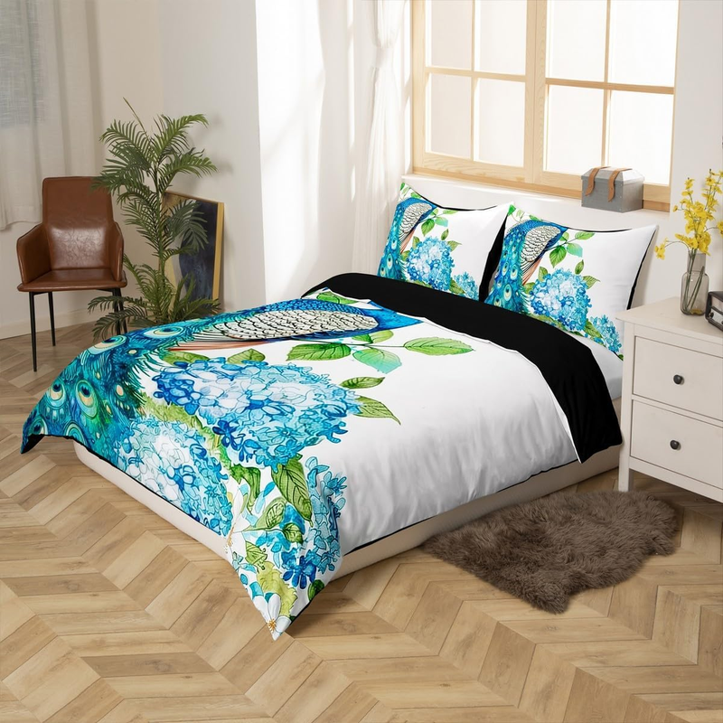 Copripiumino con pavone per lettino per bambini, copripiumino con pavone dipinto a olio, elegante set di biancheria da letto con uccelli, set di biancheria da letto con fiori selvatici e decorazioni per la camera da letto._voghion.com