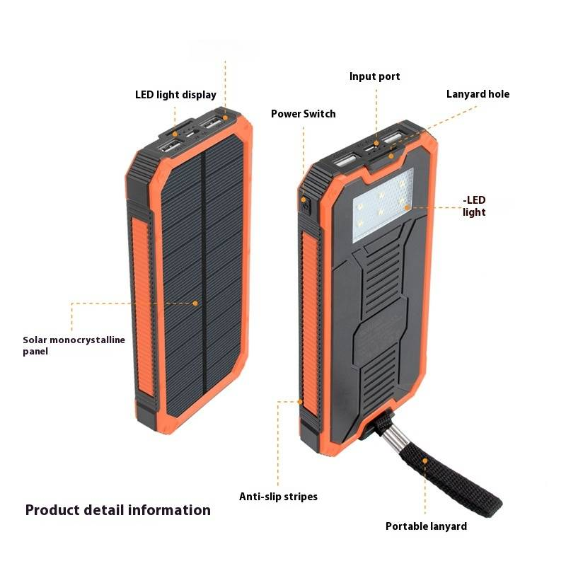 20000mAh Solar Power Bank With 10W Fast Charging, Portable Outdoor Camping Battery Pack For Hiking, Travel, Emergency (Black/Black-Orange)_voghion.com