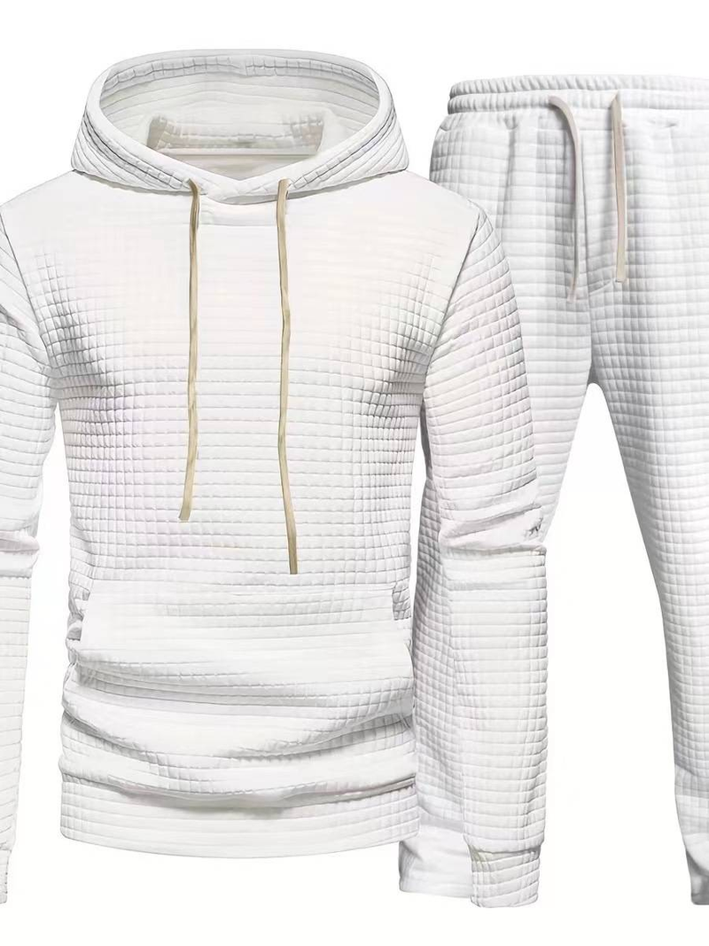 Tuta da uomo con cappuccio in jacquard a nido d'ape - Completo casual leggero in due pezzi per autunno e inverno (bianco, grigio chiaro, grigio scuro, nero, beige)_voghion.com