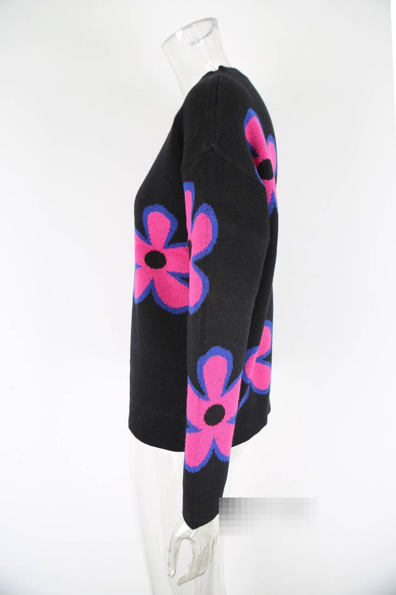 Damenbekleidung, Blumen-Jacquard-Strickpullover, Oversize-Pullover mit lockerer Passform, Rundhalsausschnitt, Farbblock, lässiges Oberteil_voghion.com