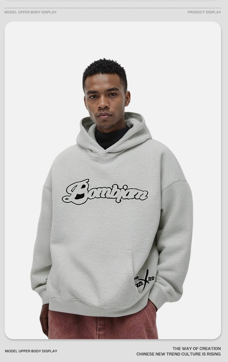 Heavyweight Hoodie – Oversized Pullover Sweatshirt With Embroidered Toweling Fabric (Unisex, M-XXL, Black/Cream)_voghion.com