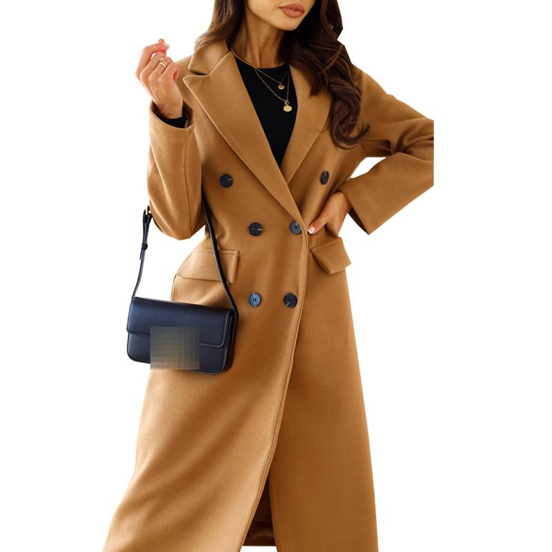 Classic Double-Breasted Wool Blend Coat For Women – Elegant Notch Lapel, Long Sleeve, Versatile Office & Casual Wear_voghion.com