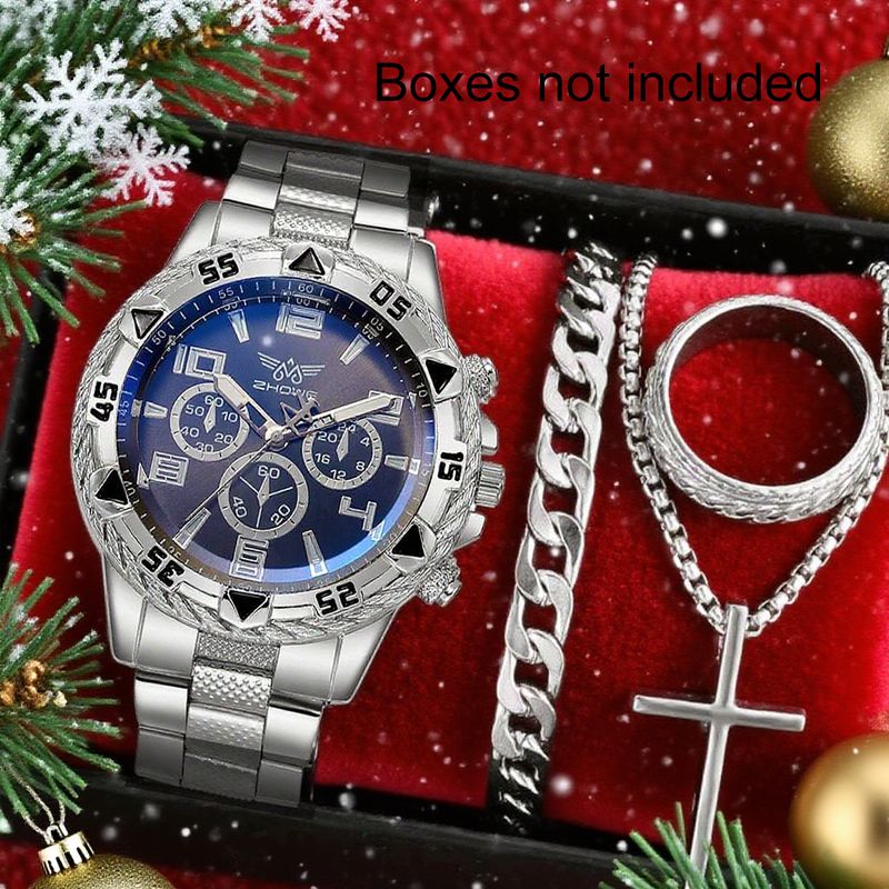 Men's Casual Stainless Steel Quartz Watch Set, Includes Necklace, Bracelet, And Ring, With Free Stylish Jewelry Set (Box Not Included)_voghion.com