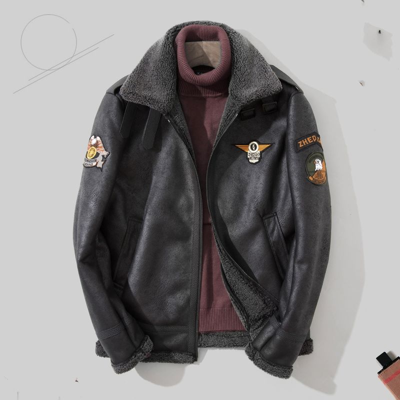 Blouson aviateur en simili-suède et polaire pour homme – Coupe ajustée, fermeture éclair, style aviateur (noir/marron, M-5XL)_voghion.com
