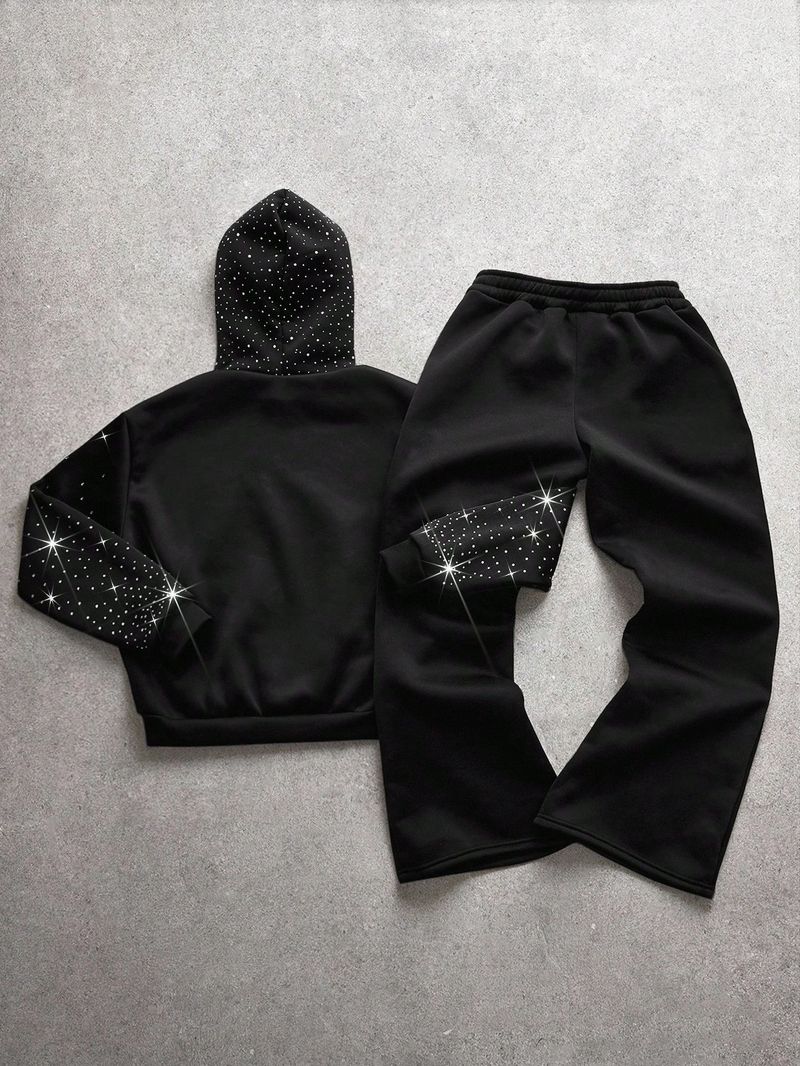 "Gothic Streetwear Hoodie Set – Embroidered & Rhinestone-Studded Unisex Pullover With Joggers, Dark Aesthetic Oversized Fit_voghion.com