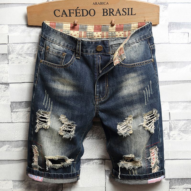Herren-Jeans-Shorts, Retro-zerrissene, schmale, verkürzte Herren-Patch-Hose_voghion.com