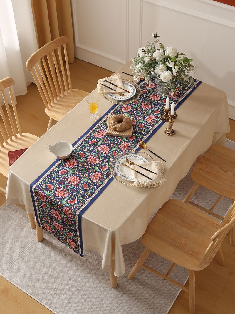 Modern Navy Floral Table Runner - Waterproof & Oil-Resistant, Elegant Home Dining Decor, Washable Polyester Fabric_voghion.com