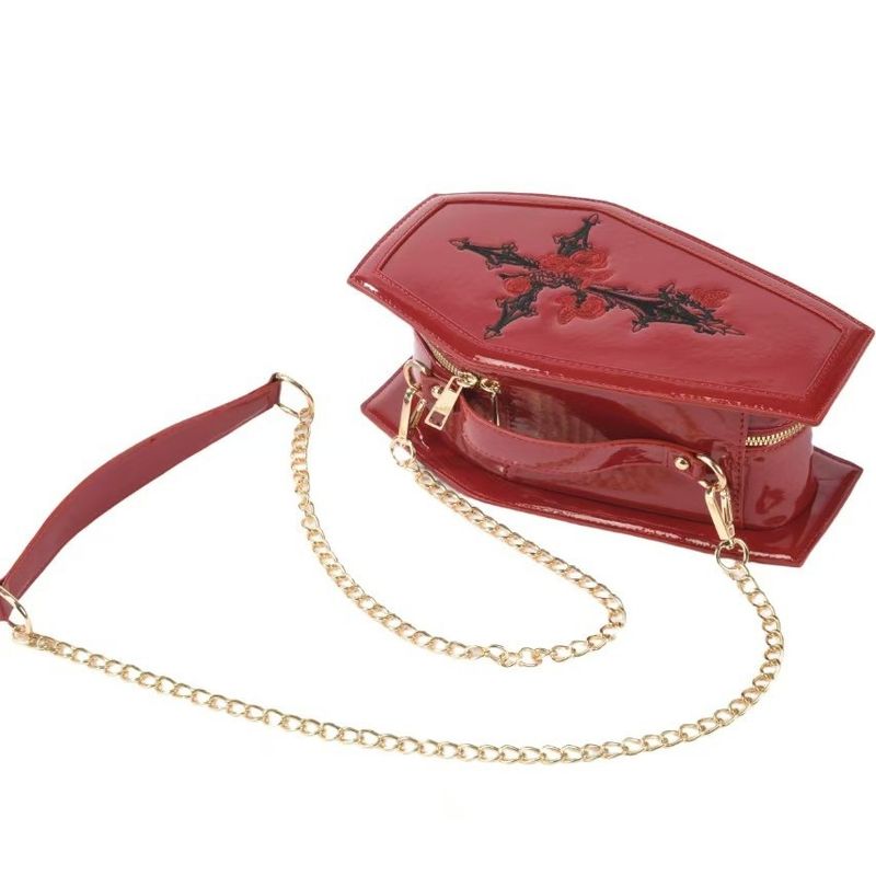 Borsa a tracolla da donna in pelle verniciata gotica ricamata a forma di bara, in vendita calda, con trucco scuro e punk rosso_voghion.com
