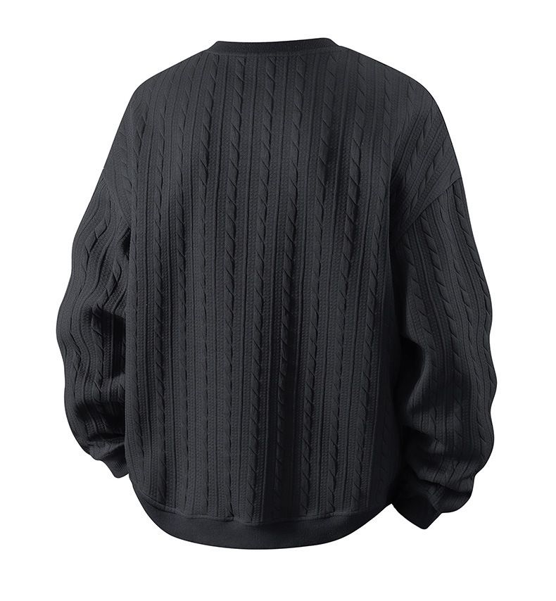 Men's Cable Knit Sweatshirt – Oversized Drop-Shoulder Crewneck With Jacquard Detailing (Black/Light Grey/White)_voghion.com