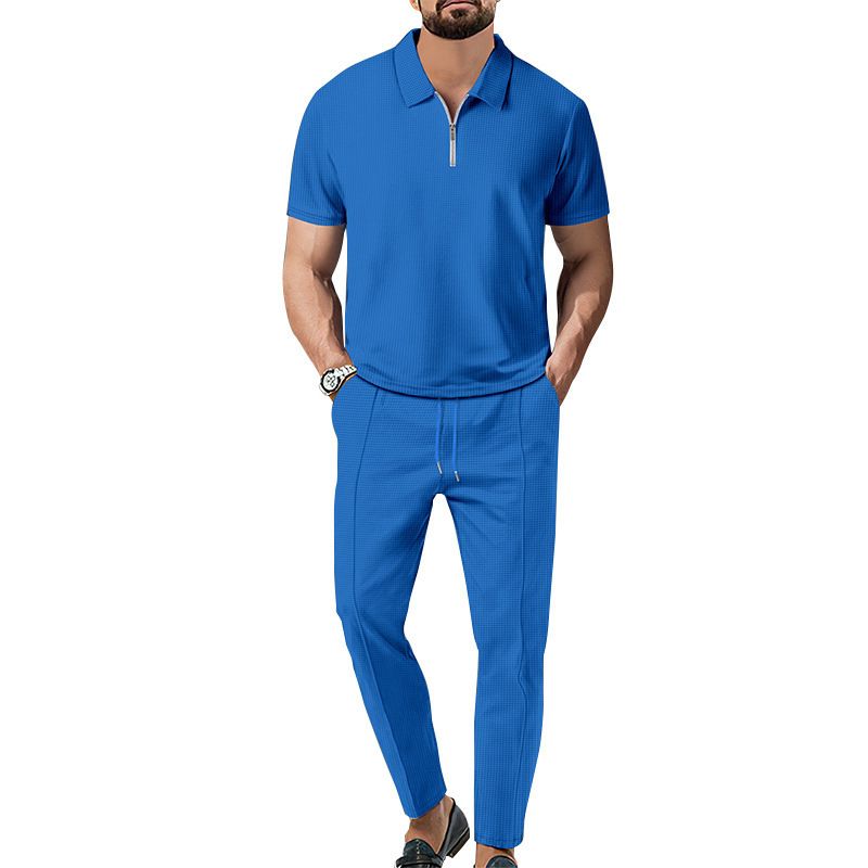2025 Frühling und Herbst Neue Herren Einfarbig Anzug Waffel Kragen Kurzarm Zipper Lange Hosen Set_voghion.com