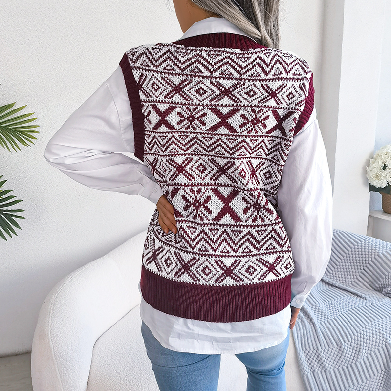 2023 Autumn And Winter Christmas Snowflake Pattern V-Neck Knitted Vest Sweater Women's Clothing_voghion.com