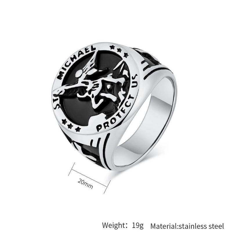 Anello retrò in acciaio al titanio con San Michele Arcangelo, anello da uomo con personalità di nicchia, grande anello_voghion.com