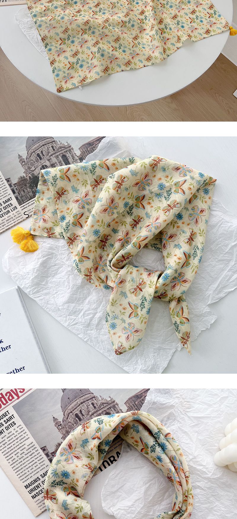 Sciarpe sottili in cotone e lino di campagna francese con piccole nappe in stile occidentale quadrate per le donne in primavera e in estate_voghion.com