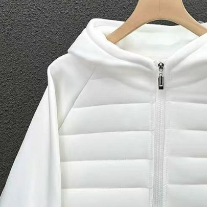 Men’s Streetwear Hooded Puffer Jacket – Parisian Letter Print, Slim-Fit Polyester Coat (S-3XL, White/Light Grey/Black)_voghion.com