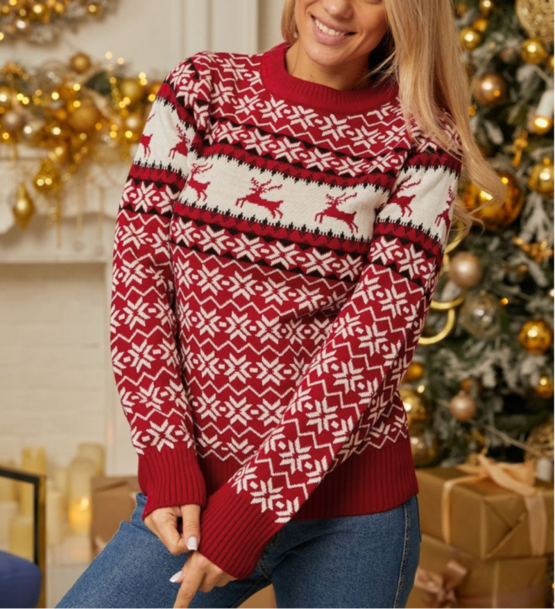 Damenbekleidung Weihnachten neuer, lockerer Elch-Jacquard-Langarmpullover für Damen_voghion.com