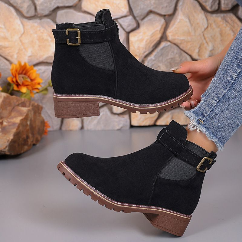 Schwarzer Martin Herbst Winter Neue große Slip-On-Kurzstiefel mit runder Spitze und quadratischem Absatz, mittelhohe Stiefel, Damenschuhe_voghion.com