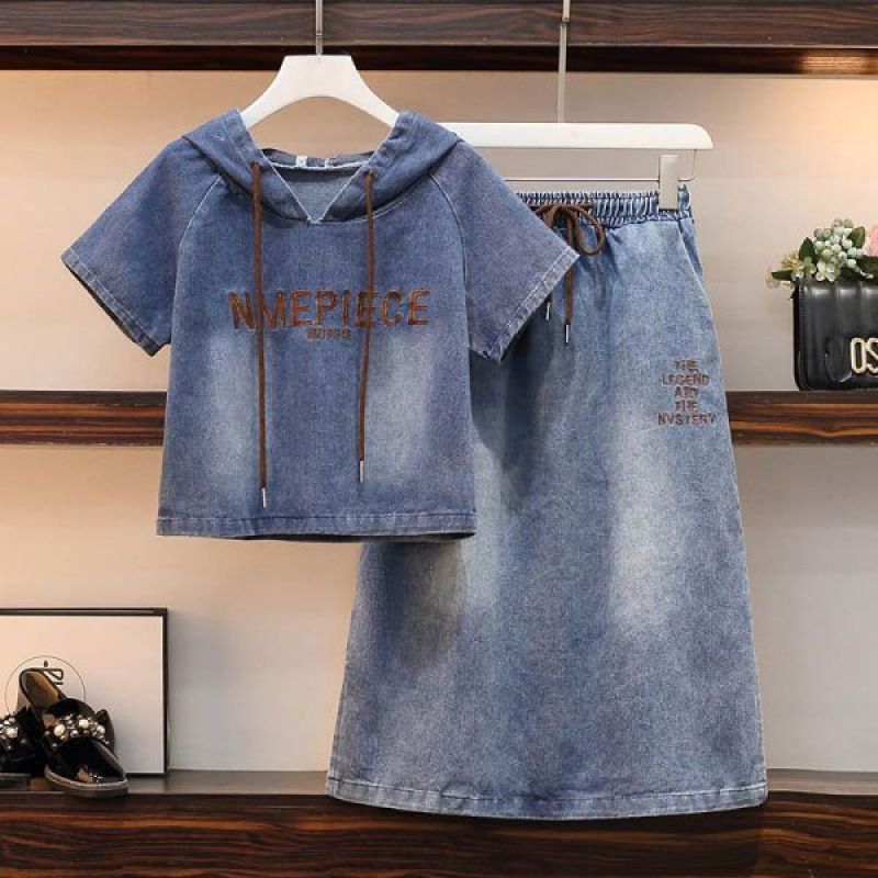 Fashion Denim Two-Piece Set Elastic Half Skirt Hooded Jacket Women Summer Stylish Korean Version Loose Slimming Outfit_voghion.com