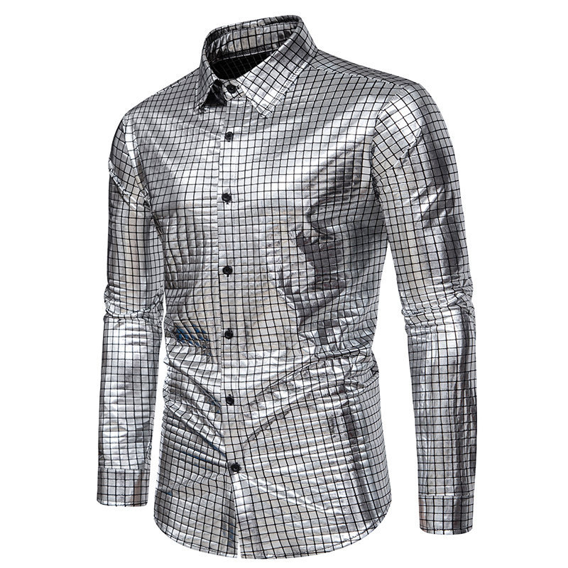2024 Spring/Summer New Checkered Gold Stamped Print Stage Performance Dress European Size Men's Long Sleeved Shirt_voghion.com