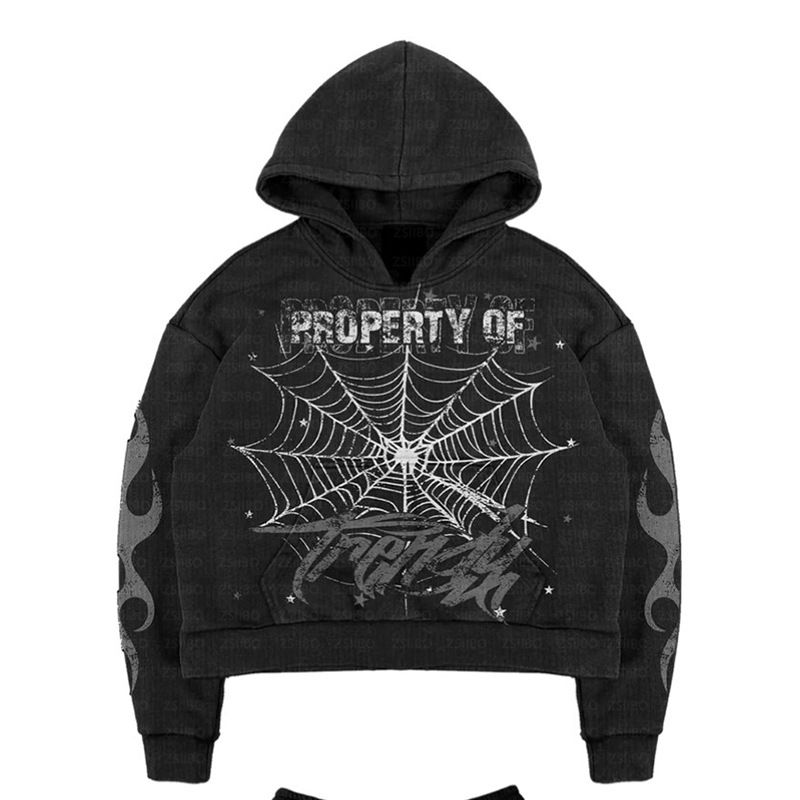 Herrkläder Y2K Street Retro hoodie i gammal stil Personlig tröja med tryckt spindelnät_voghion.com