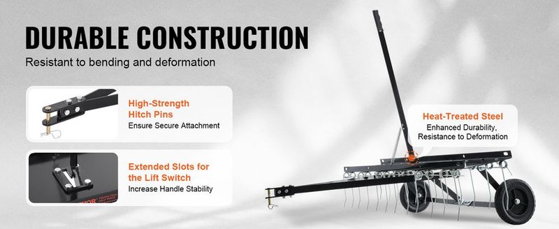VEVOR Tow Behind Dethatcher, 48-inch Tow Dethatcher With 24 Spring Steel Tines, Lawn Dethatcher Rake For ATV Or Mower, Tow Behind Lawn Rake With Lift Handle For Garden Farm Grass_voghion.com