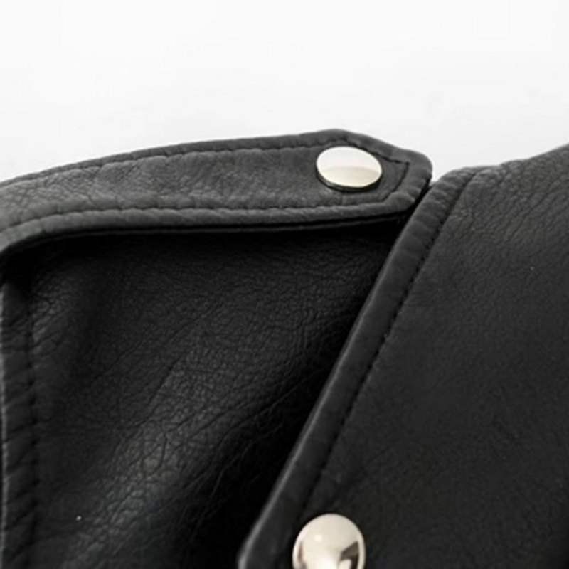 Lady Leather Long Sleeve Lapel Zipper Button Pocket Motorcycle Jacket Short Coat_voghion.com