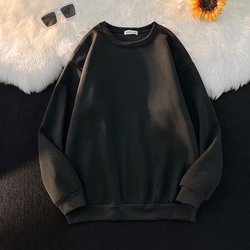Pure Solid Color Men's Basic Round Neck Pullover Fleece Lined Base Sweatshirt Unisex Light Version Cultural Shirt_voghion.com
