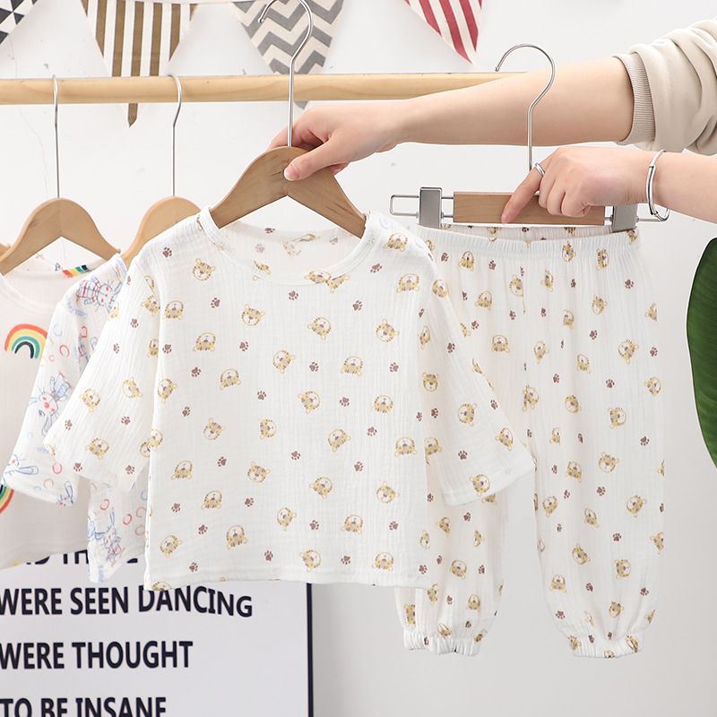 Nuevo traje de dibujos animados con aire acondicionado para niños y niñas, conjunto de manga larga, ropa informal para el hogar, pijamas, conjunto de dos piezas para bebé_voghion.com