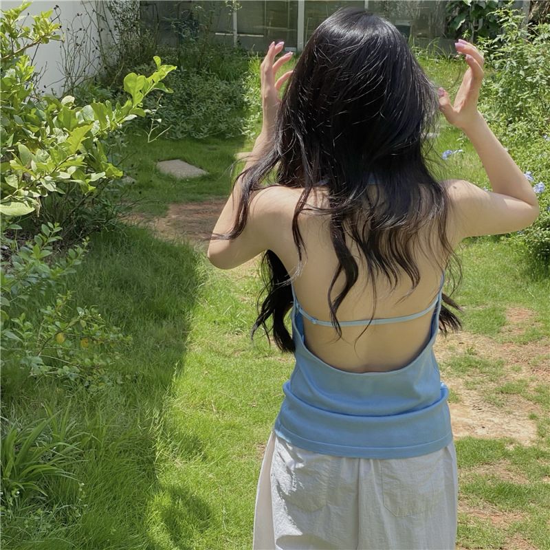 Backless V-neck Knitted Halter Camisole For Women Summer New Hot Girl Style Solid Color Slimming Waist Sleeveless Top_voghion.com