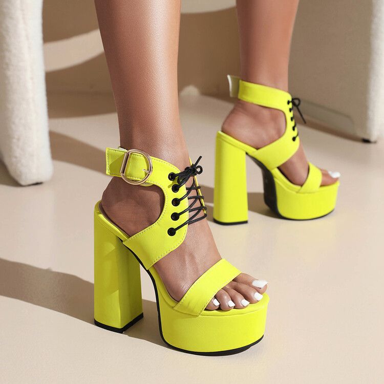 Round head open toe solid color front lace-up square buckle waterproof platform thick high heel sandals for women_voghion.com