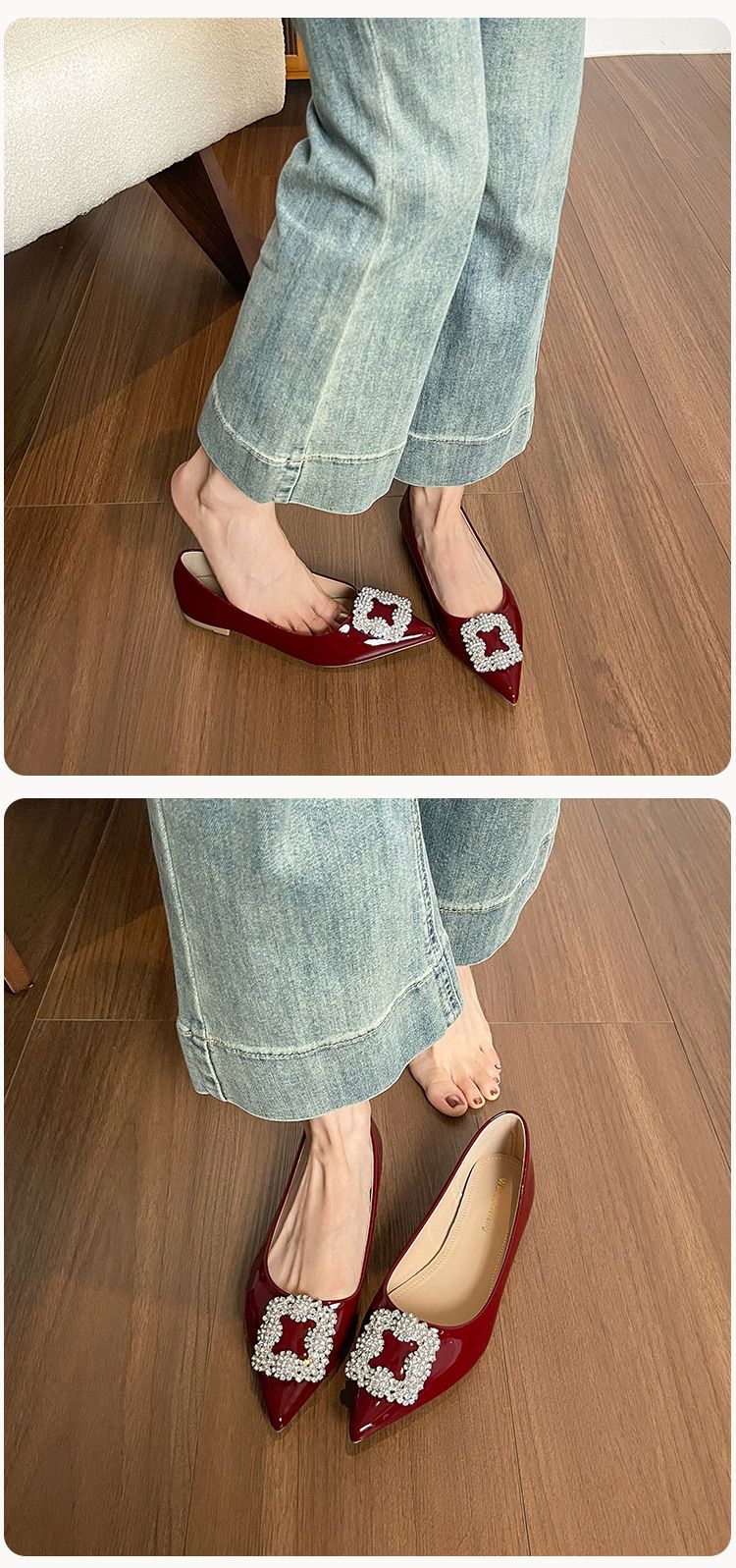 Zapatos franceses sencillos y poco profundos para mujer, zapatos planos de hada con un solo pedal y punta de diamantes de imitación para boda._voghion.com