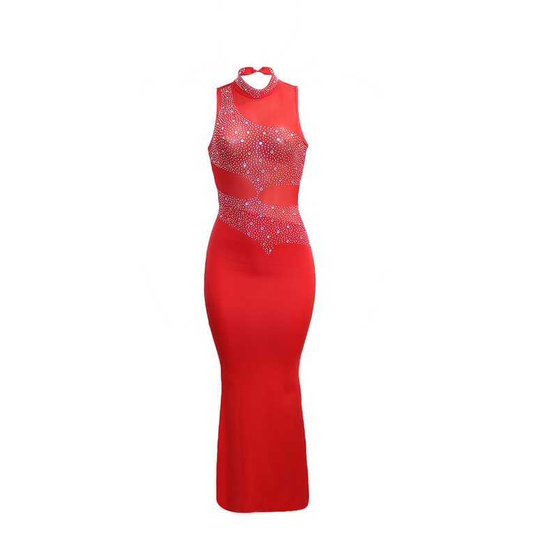 Damenbekleidung sexy durchsichtiges ärmelloses Kleid mit Strasssteinen Damen-Nachtclub-Abendkleid_voghion.com