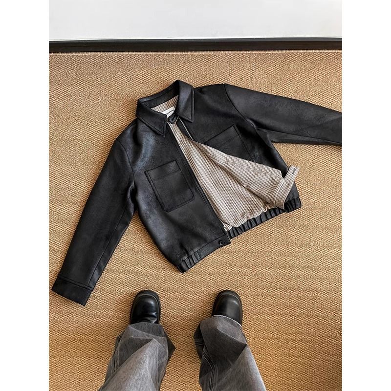 Men's Clothing Vintage PU Leather Jacket With Notched Lapel & Side Pockets – Casual Distressed Biker Coat For Spring & Fall (Houndstooth, M-XXL)_voghion.com