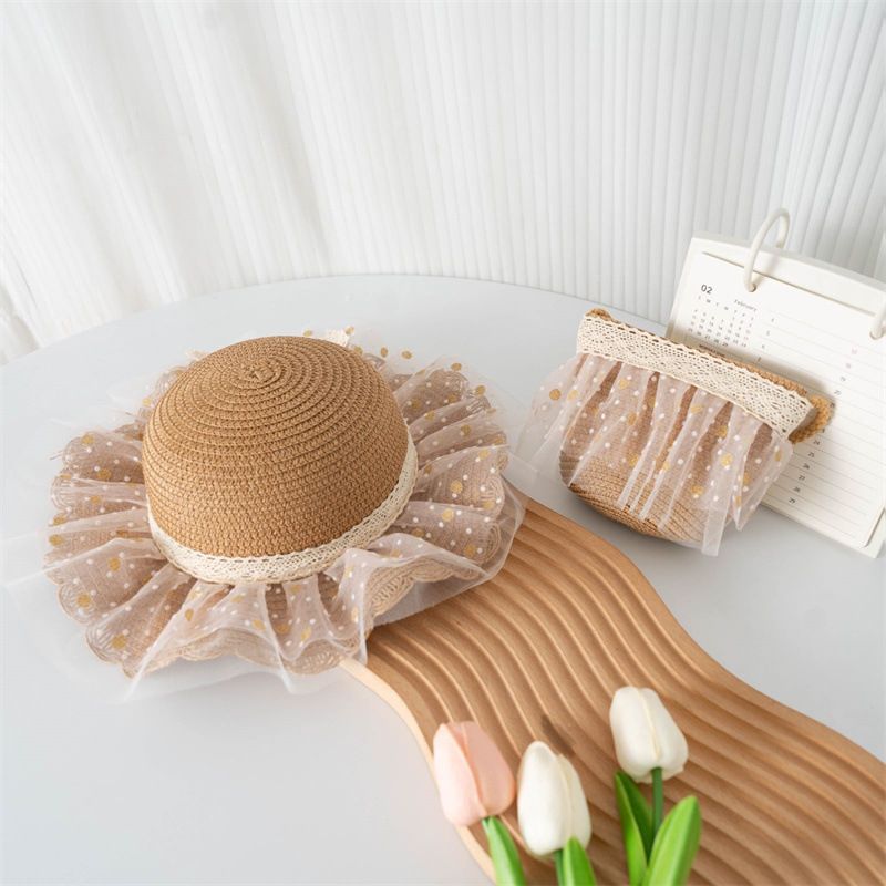Cappello di paglia per bambini, in rete di pizzo estivo, set di borse per ragazze, dolce campagna, parasole_voghion.com