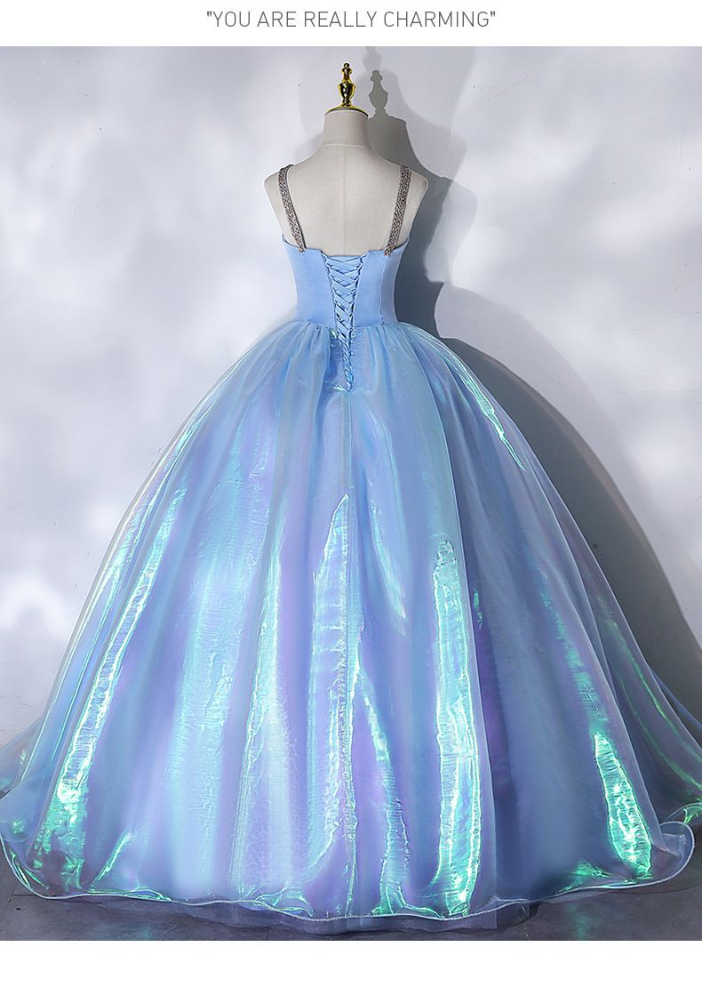 Elegante abito da ballo da principessa da donna in blu nebbia - Abito da ballo a trapezio senza spalline con allacciatura a corsetto per feste di compleanno, recital vocale_voghion.com