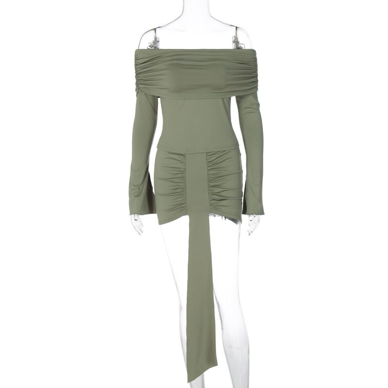Women's clothing 2024 spring new product fashionable and sexy solid color pleated one shoulder long sleeved set women's_voghion.com