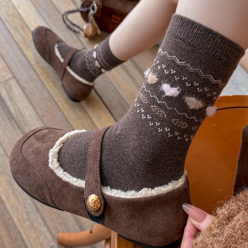 Lillian Herbst Winter New Fair Ile Dreidimensionaler Jacquard Koreanischer Stil Warm Mid-Calf Damen Retro Verdickt Weihnachten_voghion.com