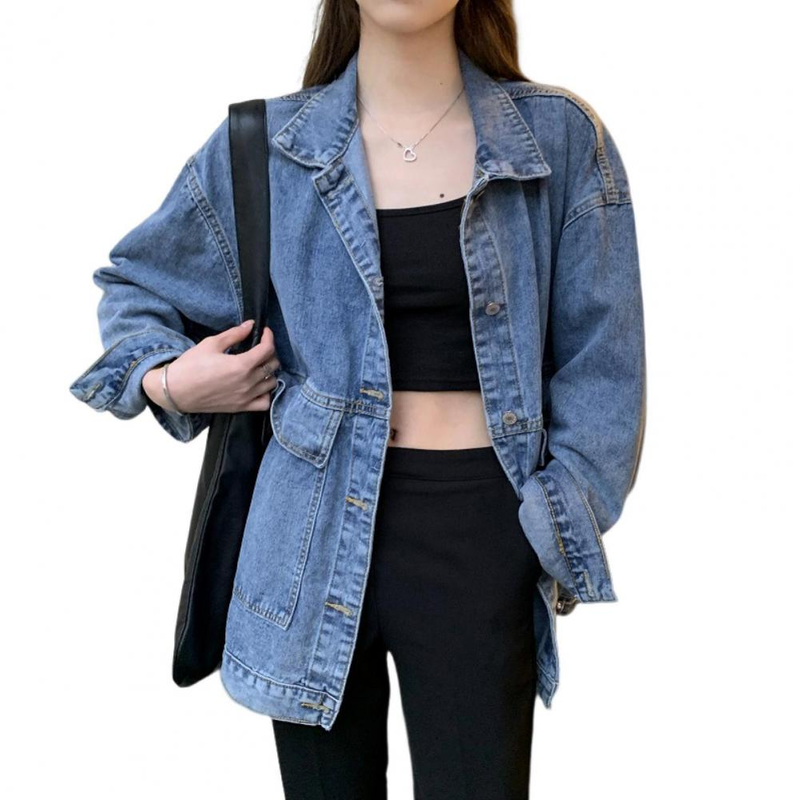 Damjacka tvättad denim Enkelknäppt koftaknappar Håller värmen Långa ärmar Nedfällbar krage Kvinnor Kappa Kvinna_voghion.com