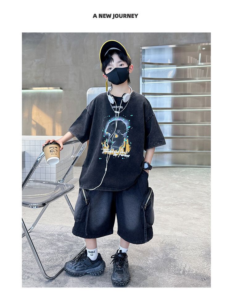 New Boys' Short Sleeve Letter Print Cotton Set - Summer 2-Piece Outfit With Graphic Tee & Mid-Length Shorts For Kids _voghion.com