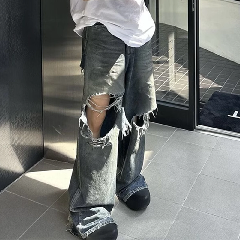 Ausgefranste, Beschädigte Loch-Baggy-Jeans Mit Weitem Bein Für Männer Und Frauen, Streetwear, Lässige Ropa Hombre-Denim-Hose, Übergroße Cargohose_voghion.com