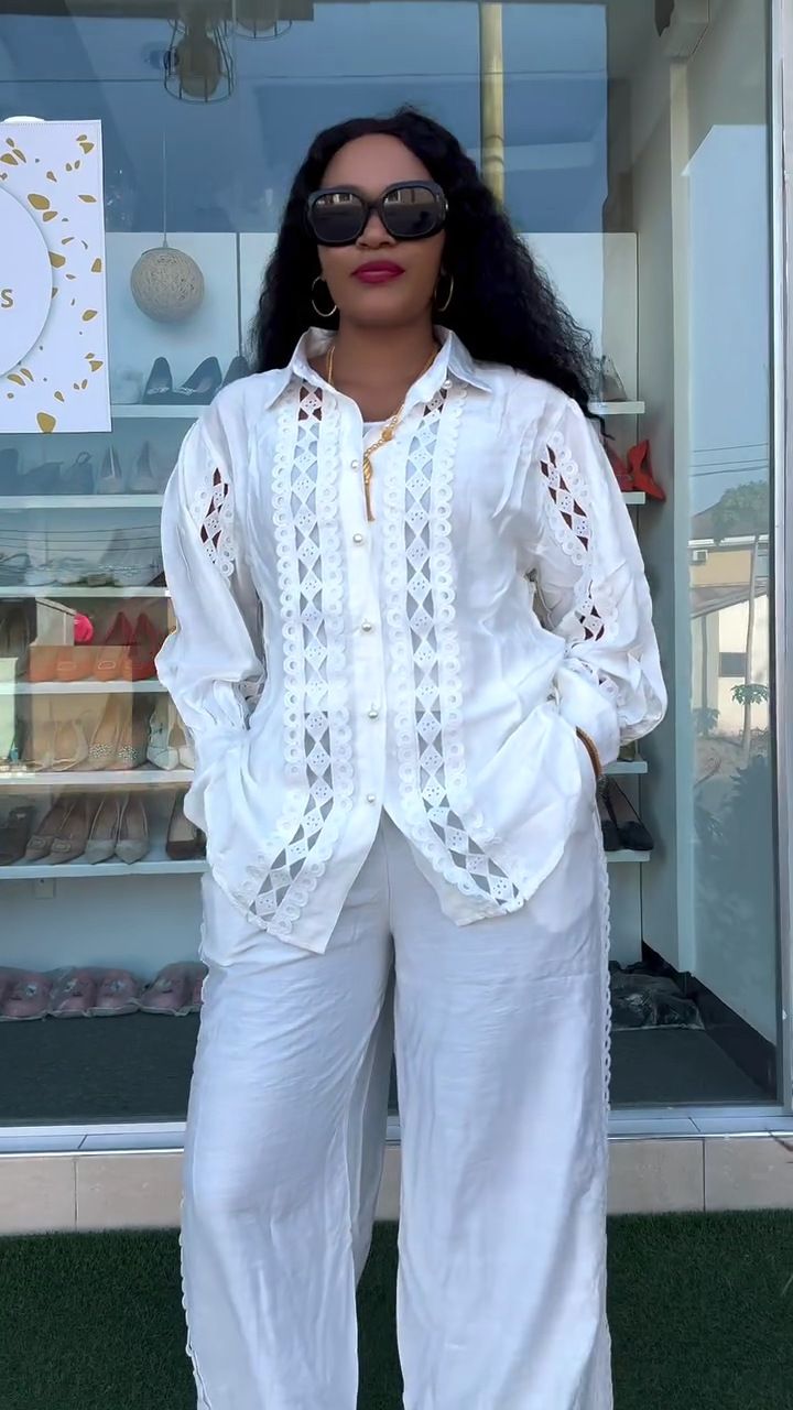 Ensemble deux pièces pour femme, chemise patchwork en dentelle à crochet creux, taille haute, pantalon large_voghion.com