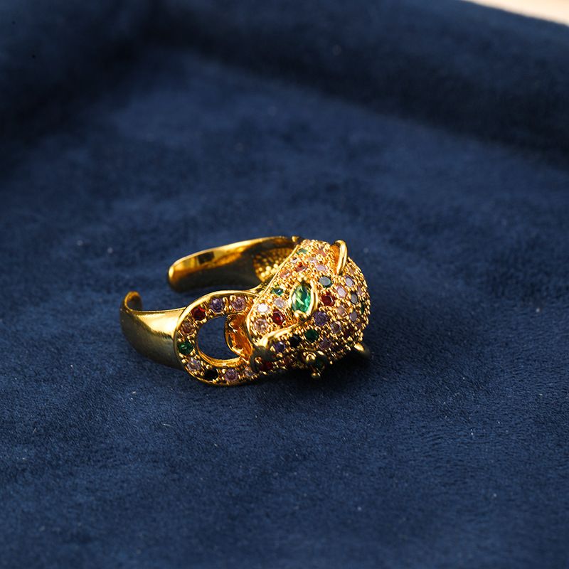 Heavy Industry Leopard Full Set Colored Zircon for Women, Middle aged, Light Luxury, High End, Niche Open End Ring_voghion.com