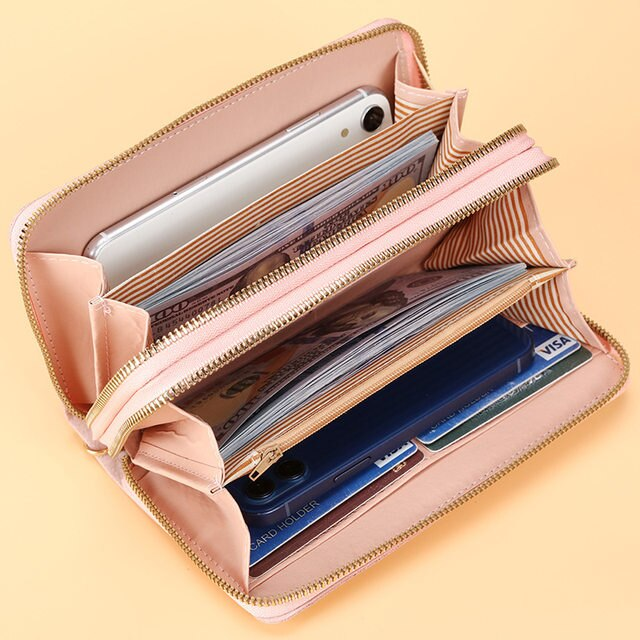 Portafoglio lungo con doppia cerniera per donna Portamonete semplice da donna Portamonete Porta carte Moda retrò di grande capacità_voghion.com