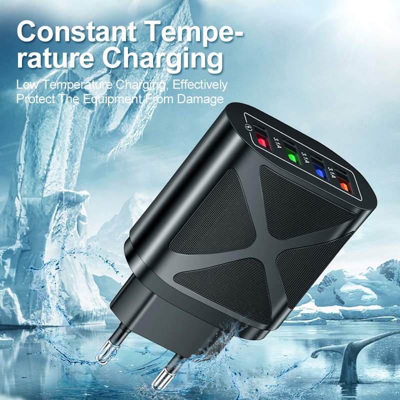 Chargeur de téléphone portable Music Festival Luminous 4USB Tête de charge de voyage 3A Chargeurs standards américains, européens et britanniques_voghion.com