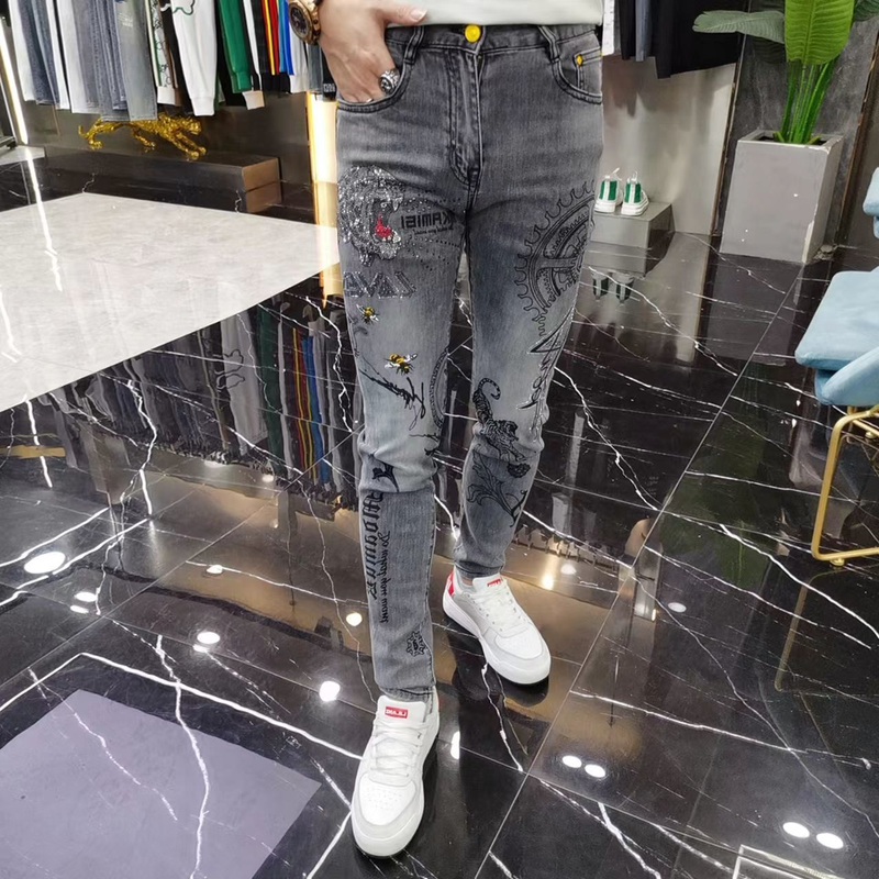Herrenbekleidung Herren Four Seasons European Fashion Brand Jeans Herren Heavy Industry Tiger Hot Diamond Trendy Grey Slim Pints_voghion.com
