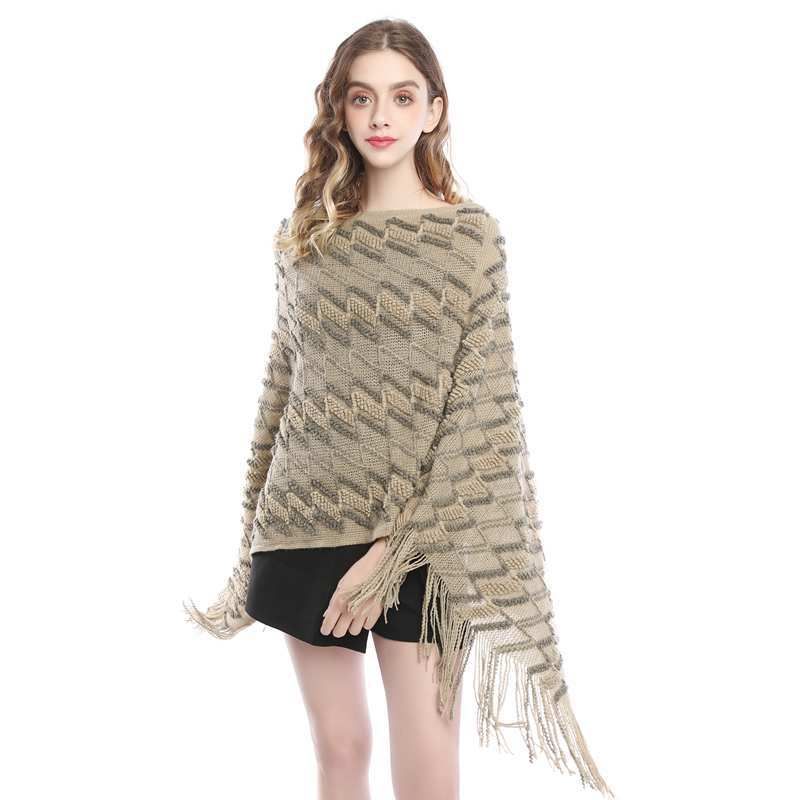 2022 Hierscht/Wanter Damen Mëttellängt Moud Z-Linn Casual Villsäiteg Quasten Cape V-Ausschnëtt Gestrickt Pullover fir Fraen 88_voghion.com