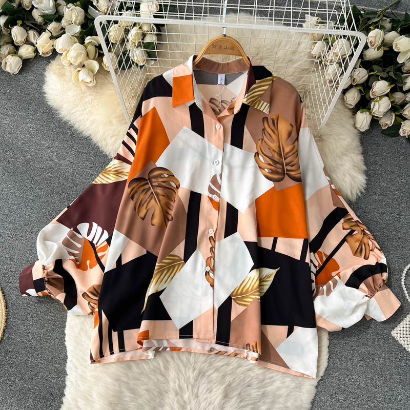 Conjunto de duas peças estilo resort para mulheres, blusa solta de manga comprida com estampa francesa de outono e perna reta casual de cintura alta_voghion.com