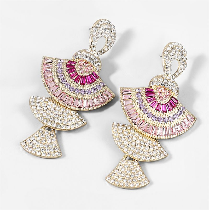 Yamaler 1 Pair Lady Shiny Rhinestone Inlaid Colorful Fan-shaped Long Dangle Earrings for Banquet_voghion.com