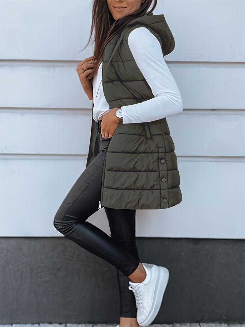 Women's Long Hooded Zip-Up Quilted Vest - Lightweight Polyester Puffer Jacket For Winter, Casual & Elegant Style_voghion.com