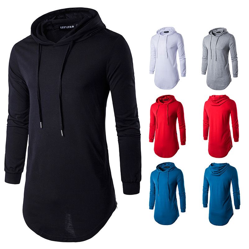 Maglietta a maniche lunghe con cappuccio, tinta unita, vestibilità slim, da uomo, di qualità imbattibile, primavera 2021_voghion.com