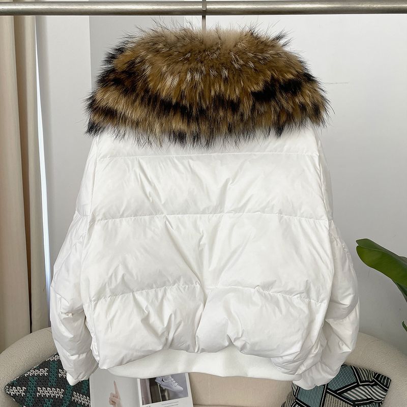 Women's Clothing Ready to stock detachable oversized raccoon fur collar winter women's short thickened white duck Warm jacket jacket flat coat coat_voghion.com